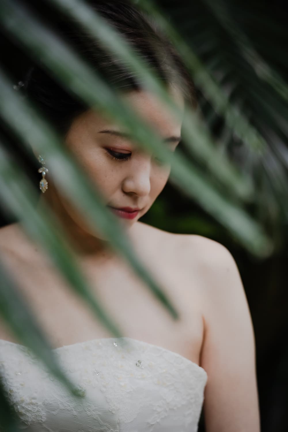 亜熱帯の植物越しに伏し目がちな新婦