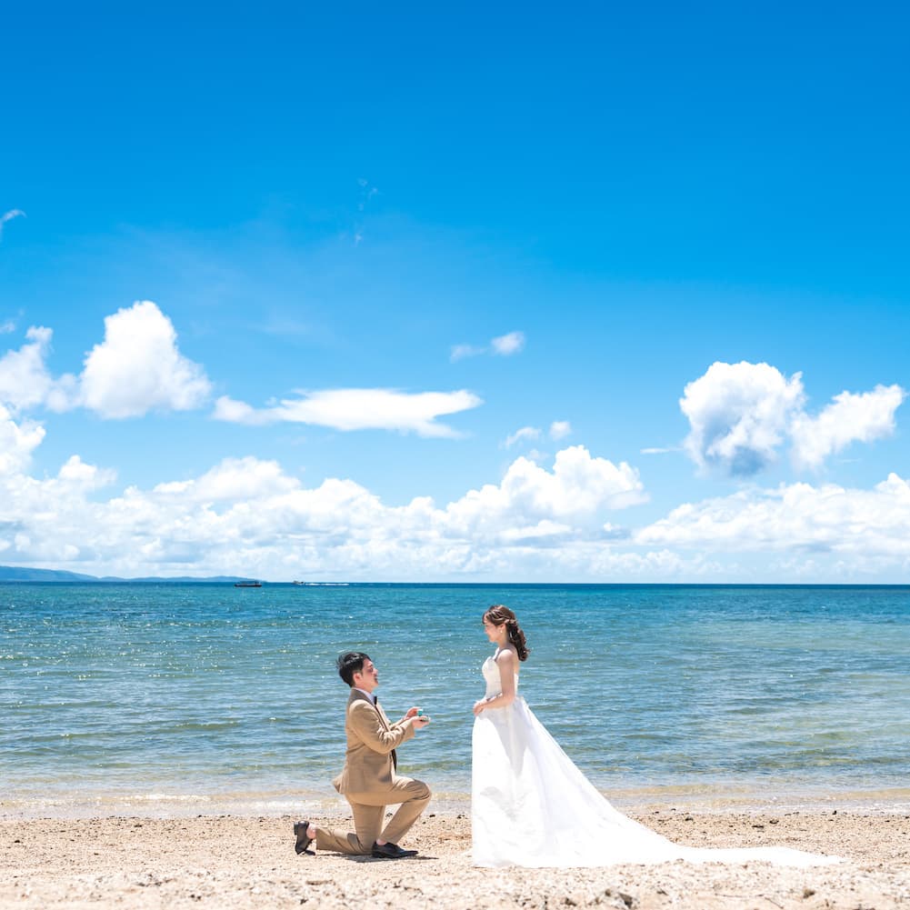 海を背景に新婦へプロポーズする新郎